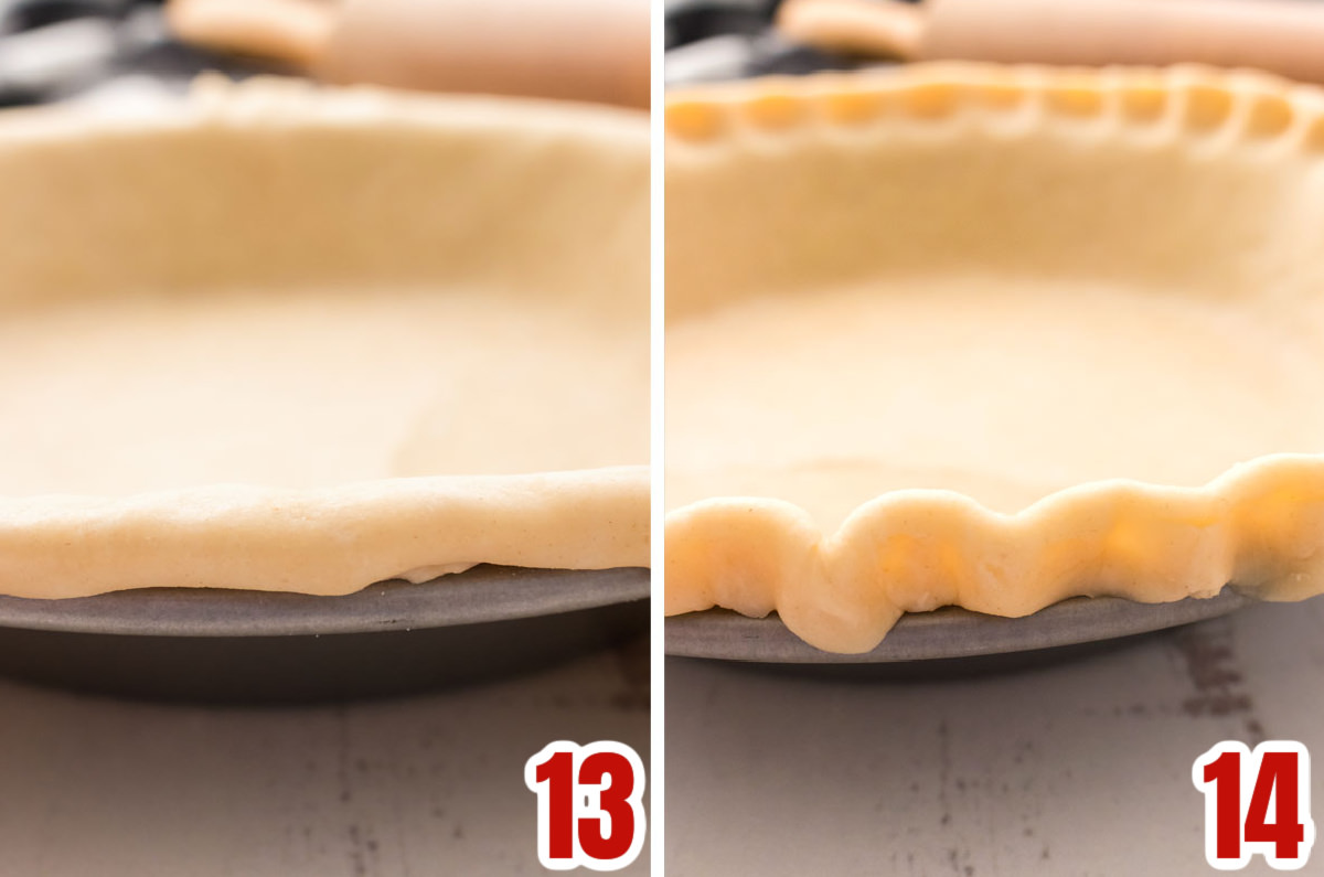 Collage image showing how to make a pretty edge on the pie crust.