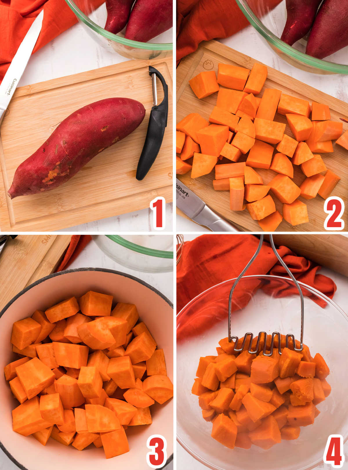 Collage image showing the steps for cooking sweet potatoes to use in the pie filling.