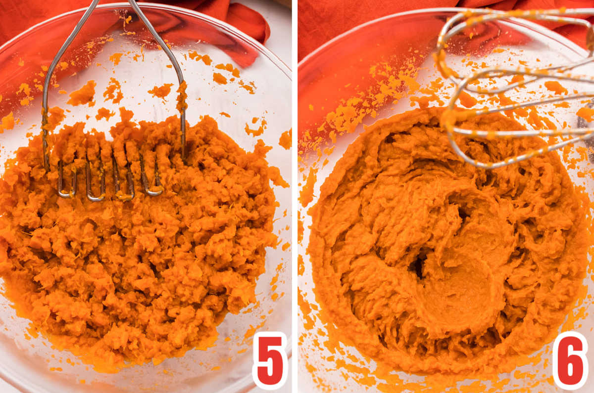 Collage image showing how to use a mixer to get rid of the fibers in cooked and mashed sweet potatoes.