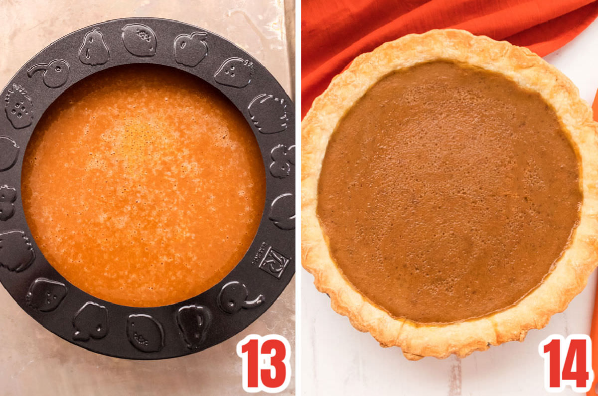 Collage image showing the pie before it goes in the oven and after it come out of the oven.