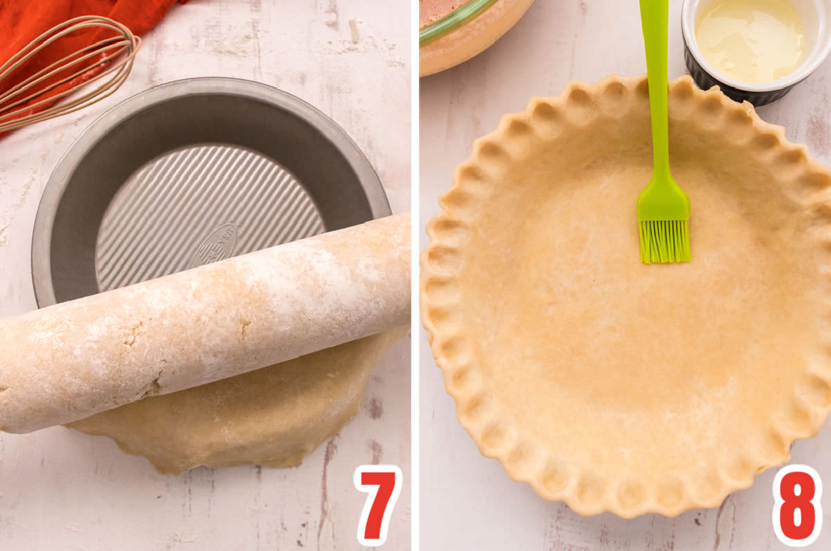 Collage image showing placing the pie crust into the pie pan and the pie crust with crimped edges.
