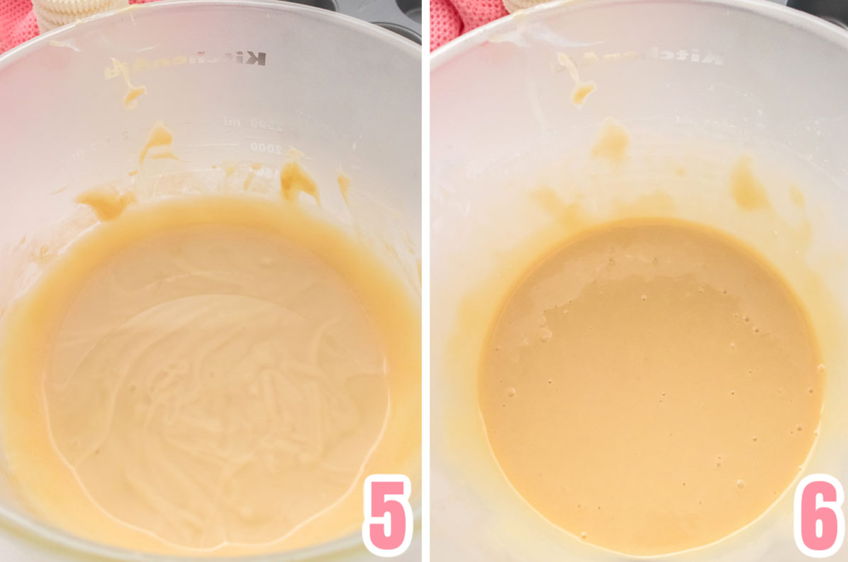 Collage image showing how to mix the hot water into the Vanilla Cupcake batter.