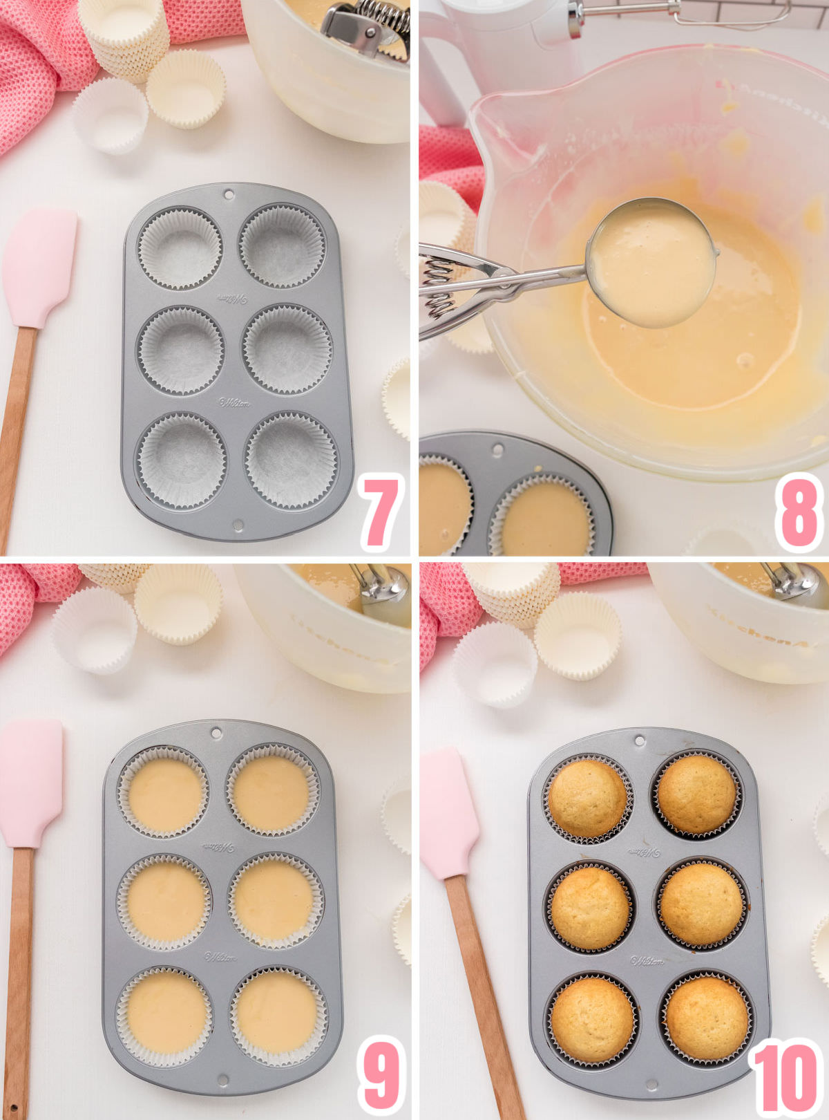 Collage image showing the steps for baking the Homemade Vanilla Cupcakes.