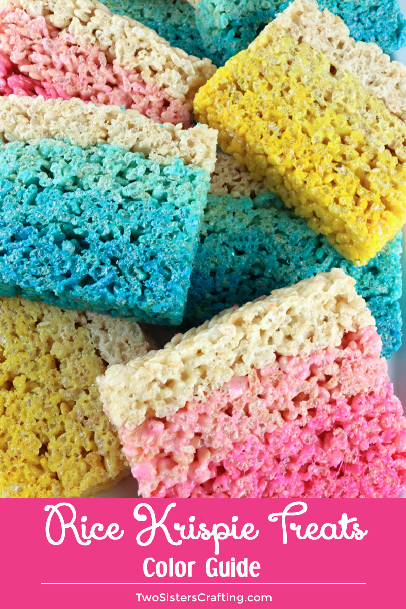 Grab your bottle of food coloring, this Rice Krispie Treats Color Guide has all the color formulas you need to make Rice Krispie Treats in every color of the rainbow. Learn how to color Rice Krispie Treats with our easy to use guide. Pin this handy Baking Tips and follow us for more fun Rice Krispie Treat recipes. #RiceKrispieTreats #FoodColoring #TwoSistersCrafting