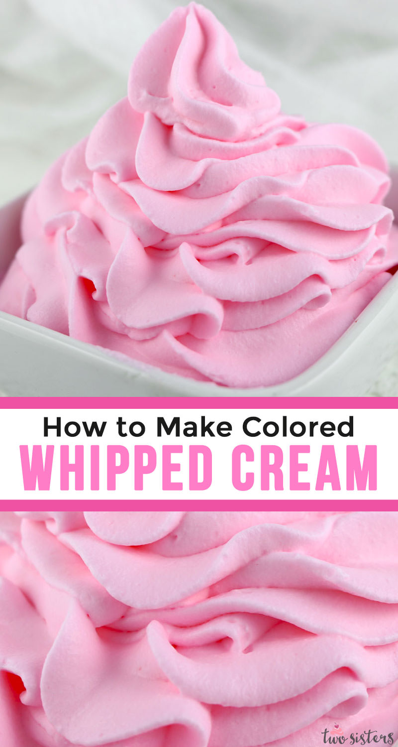 We have all the directions you'll need to make pretty and delicious homemade Colored Whipped Cream. It could not be easier to make and this colored whipping cream will look so special and pretty on your desserts. Pin this homemade whipped cream recipe for later and follow us for more great baking tips ideas. #whippedcream #coloredwhippedcream #whippedcreamdesserts