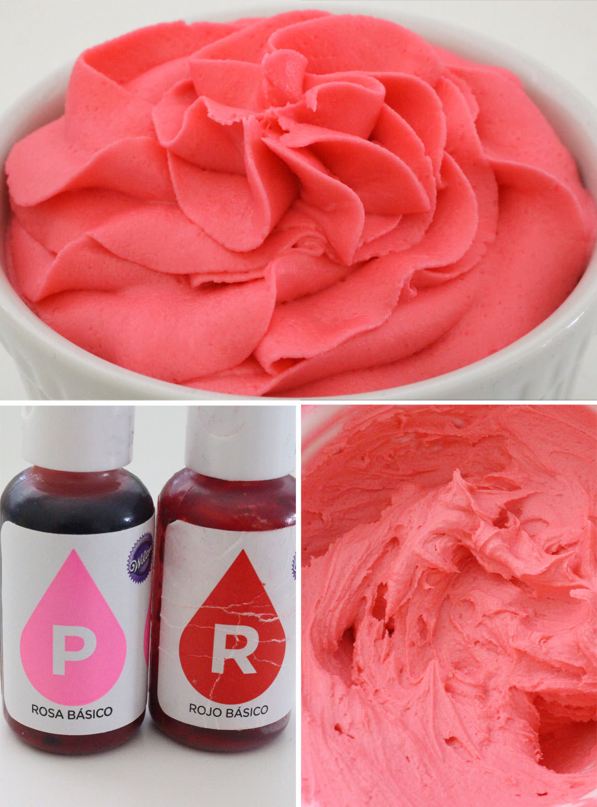 Collage image showing the steps for how to make Dark Pink Frosting.