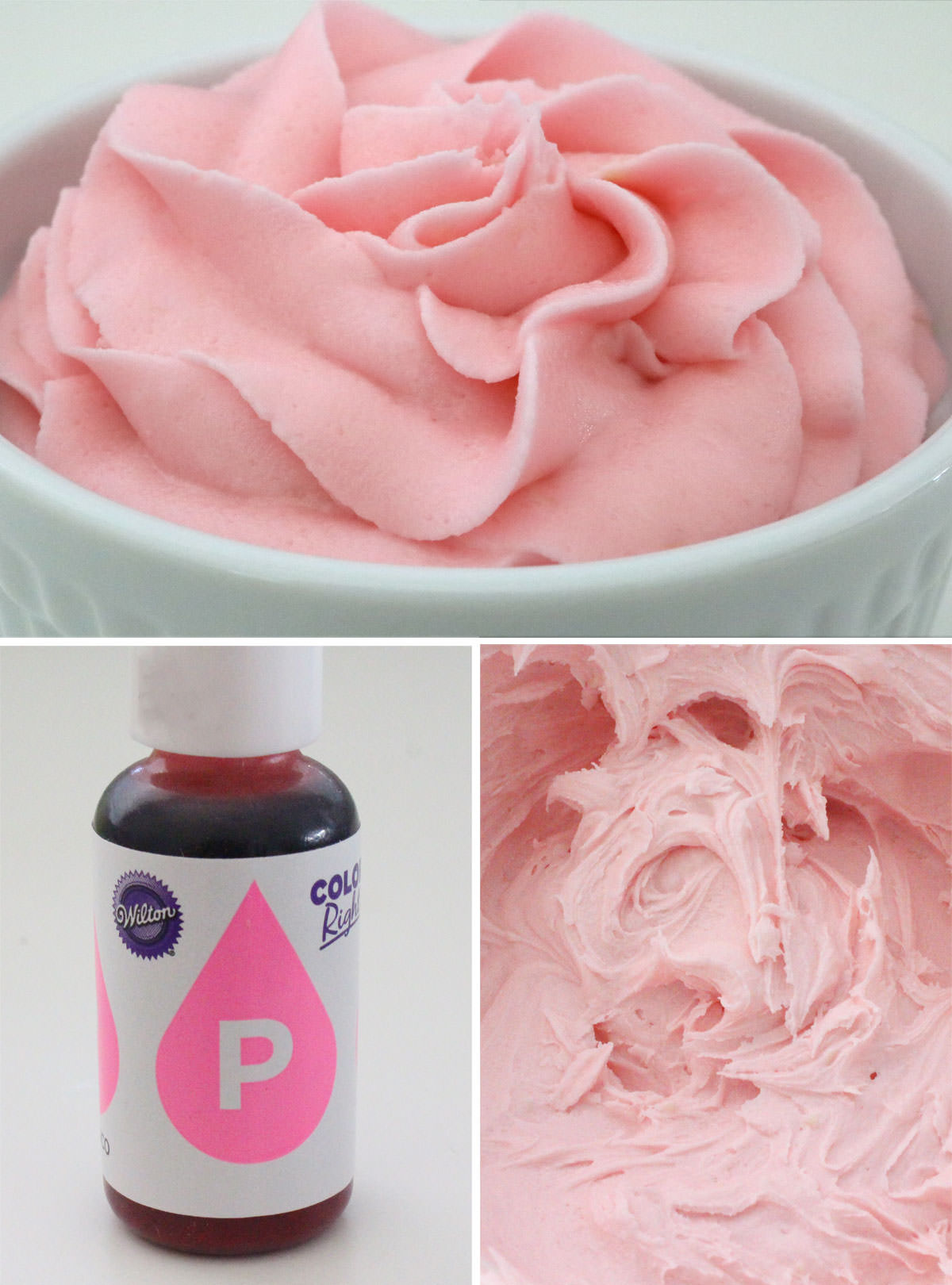 Collage image showing how to Make Light Pink Frosting from Buttercream Frosting.