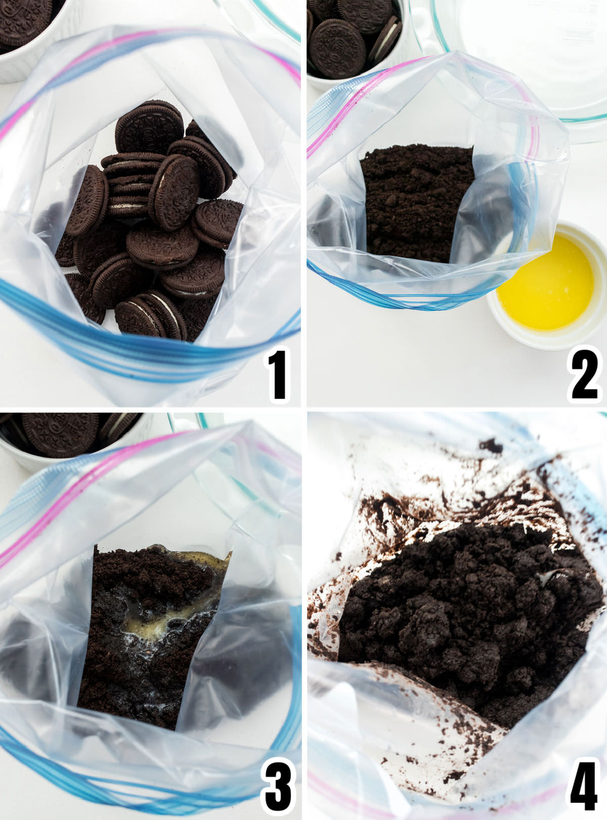 Collage image showing how to crush up the Oreo Cookies and mix them with melted butter to form the crust mixture.