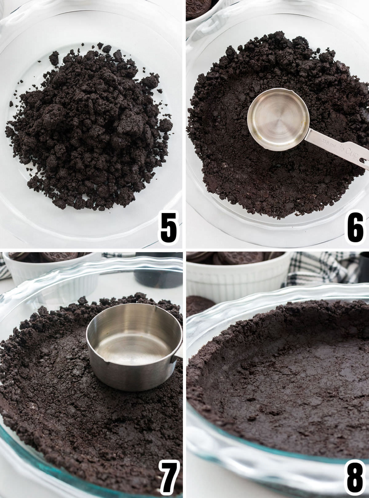 Collage image showing all the steps you will need to take to form the Oreo Crust into the pie pan.