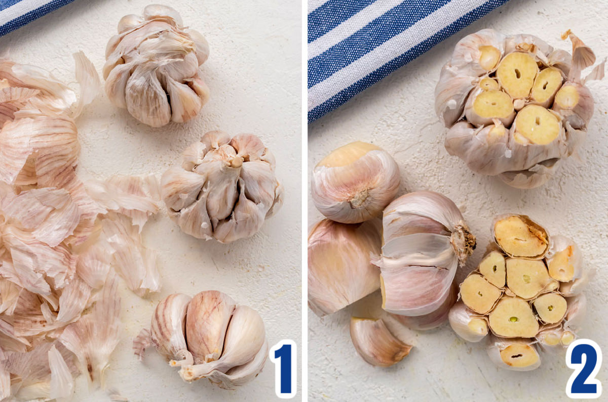 Collage image showing how to prepare the head of garlic to be roasted in the oven.