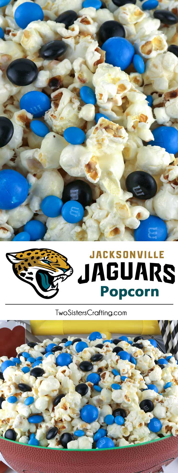 Jacksonville Jaguars Popcorn for those Jacksonville Jaguars fans in your life. Sweet, salty, crunchy and delicious and it is extremely easy to make. This delicious popcorn will be perfect at your next game day football party. a NFL playoff party or a Super Bowl party. Follow us for more fun Super Bowl Food Ideas. #jacksonvillejaguars #jaguars #superbowl #superbowlparty #superbowlfood #jacksonvillejaguarsfood