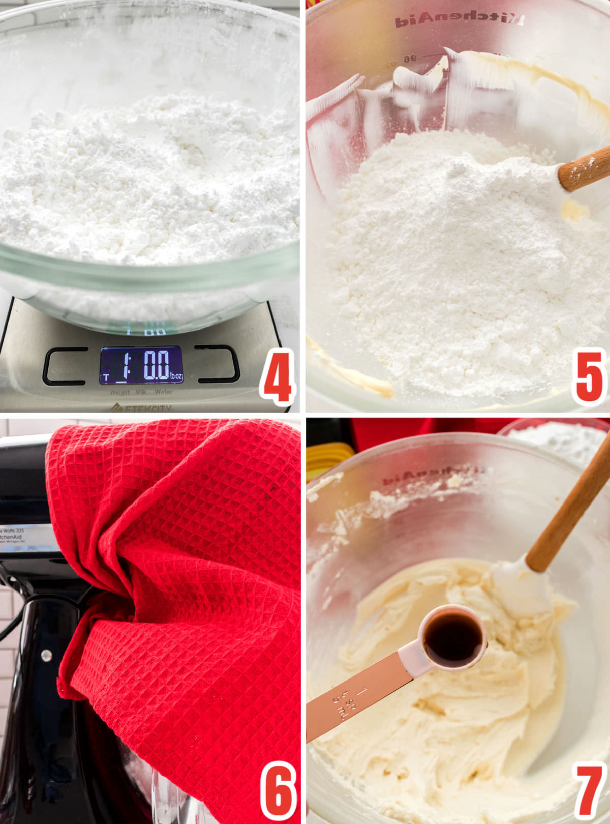 Collage image showing the steps for adding the Powdered Sugar to the frosting.