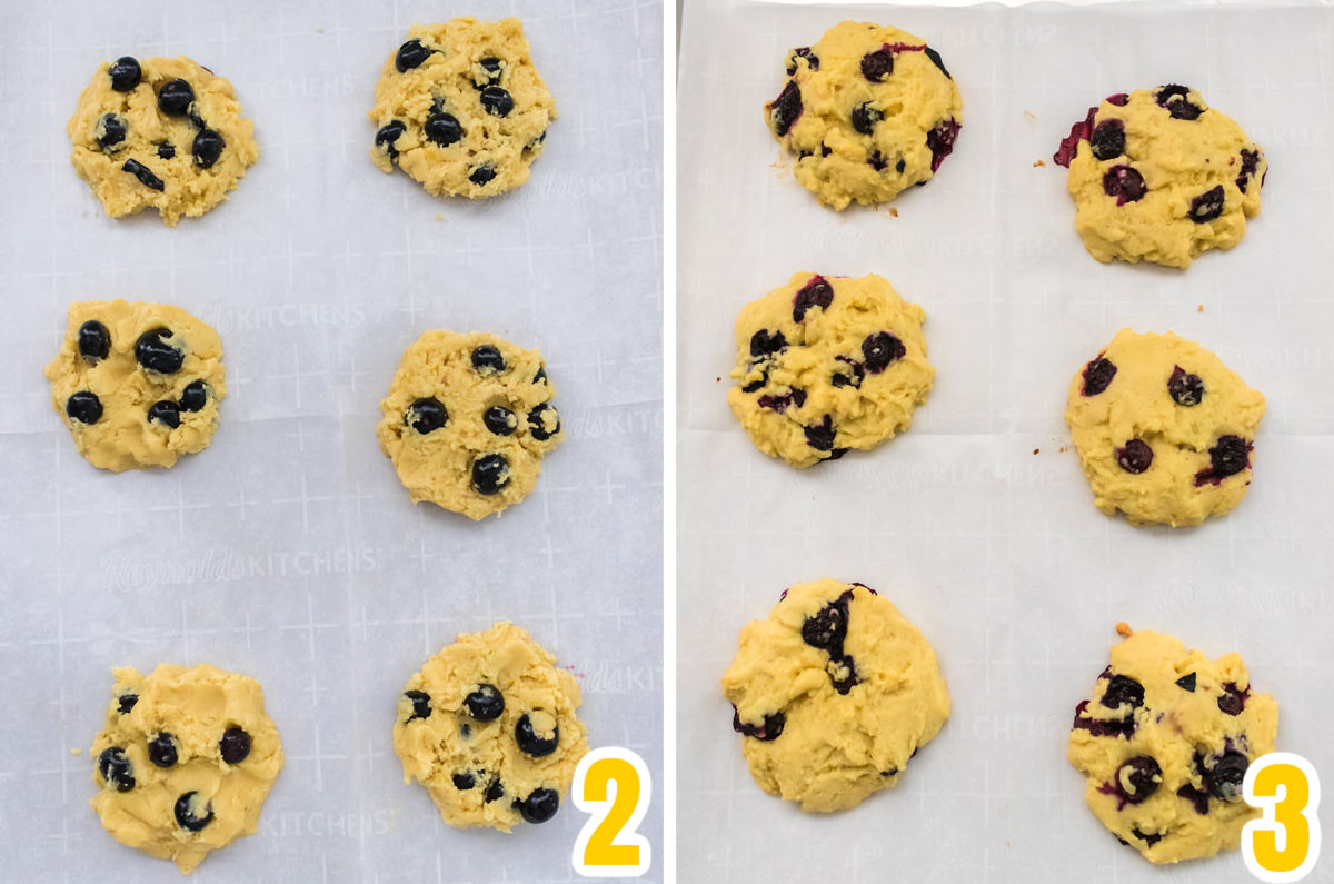 Collage image showing the Lemon Blueberry Cookies before they go in the oven and after they come out of the oven.