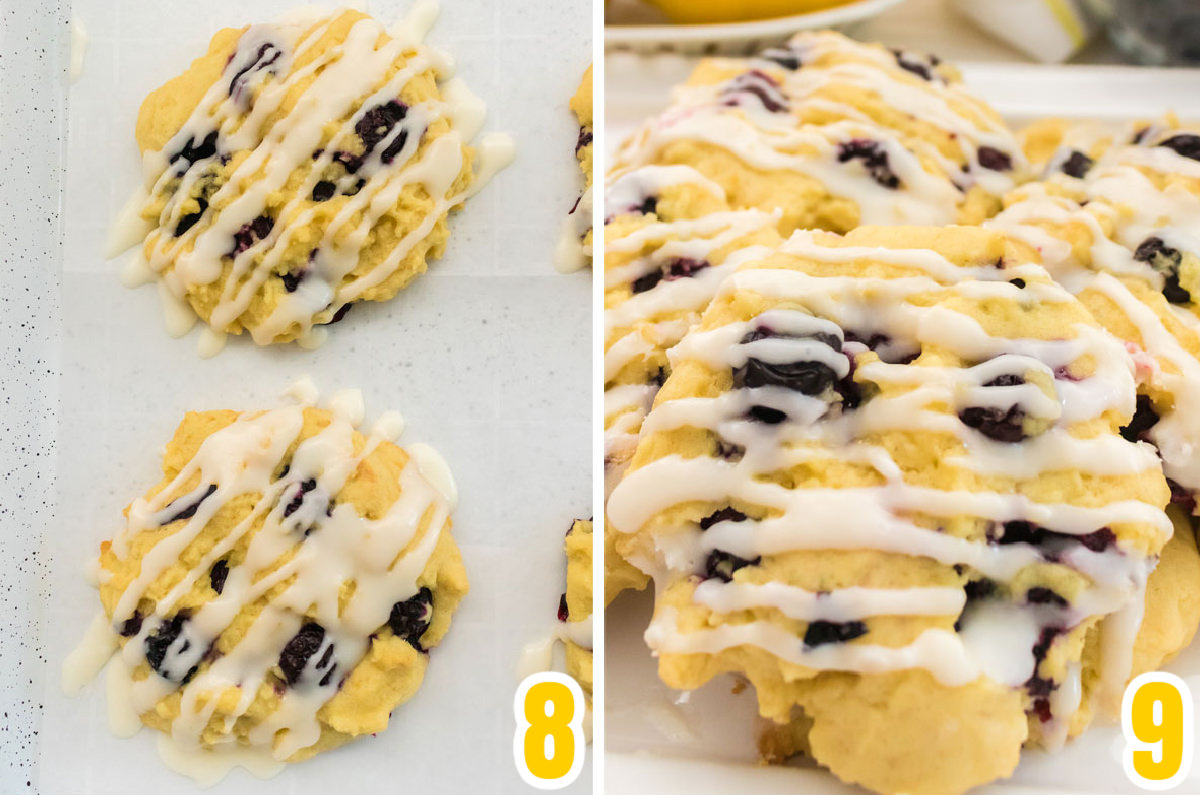 Collage image showing how to drizzle the Lemon Icing over the Lemon Blueberry Cookies.