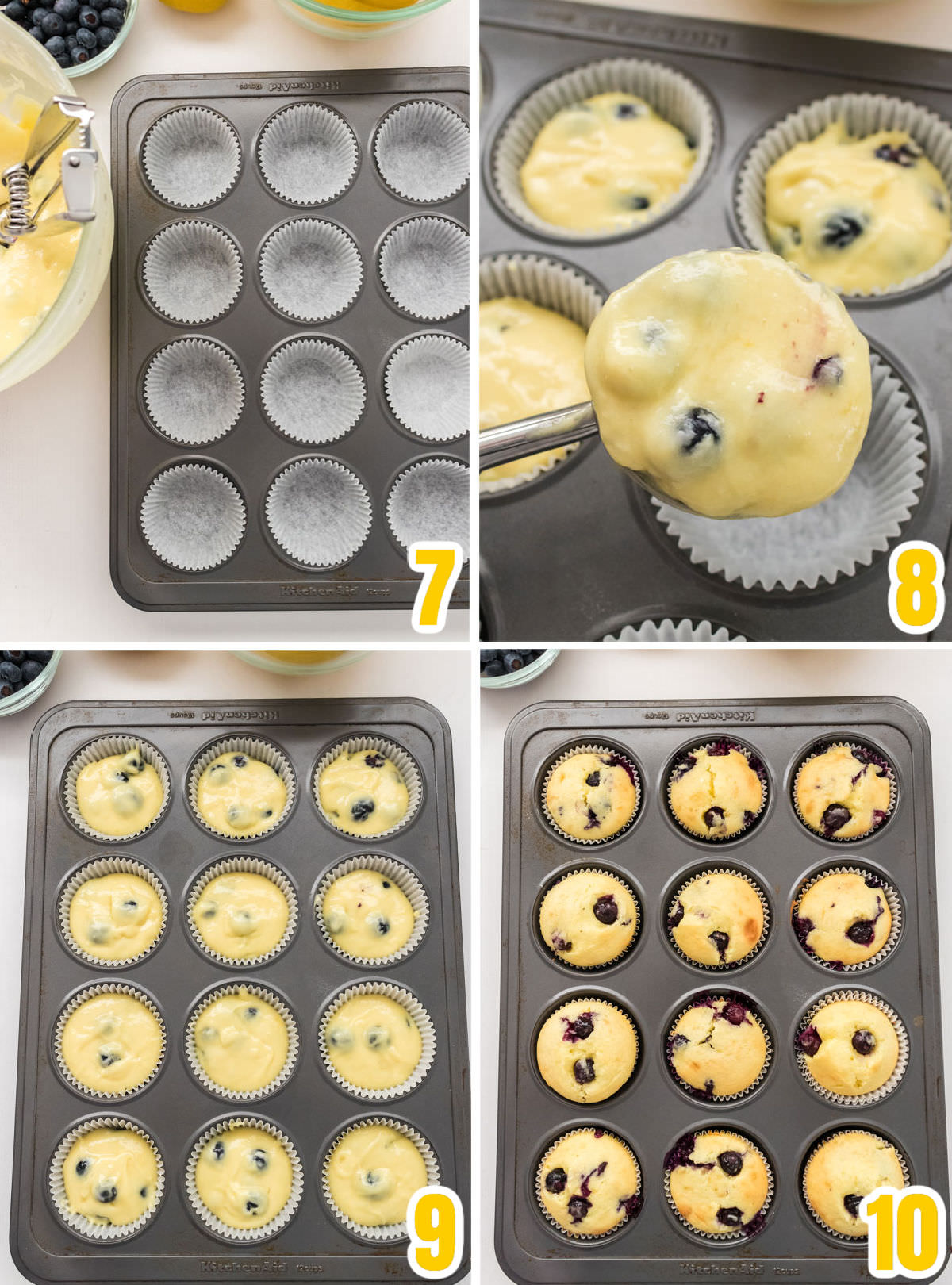 Collage image showing the steps for baking the Lemon Blueberry Cupcakes.