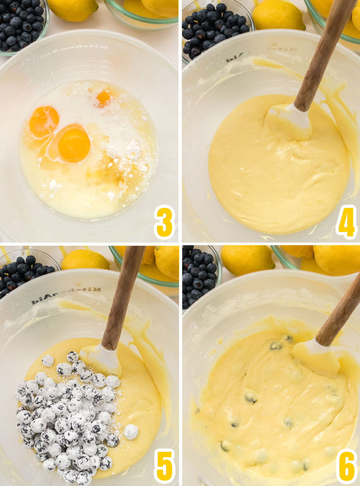Collage image showing the steps for making the Lemon Blueberry Cupcake batter.