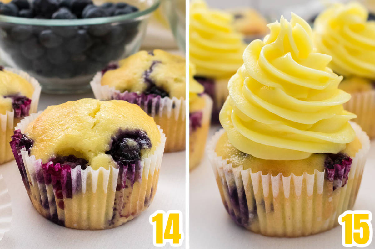 Collage image showing how to frost the cupcakes with frosting.