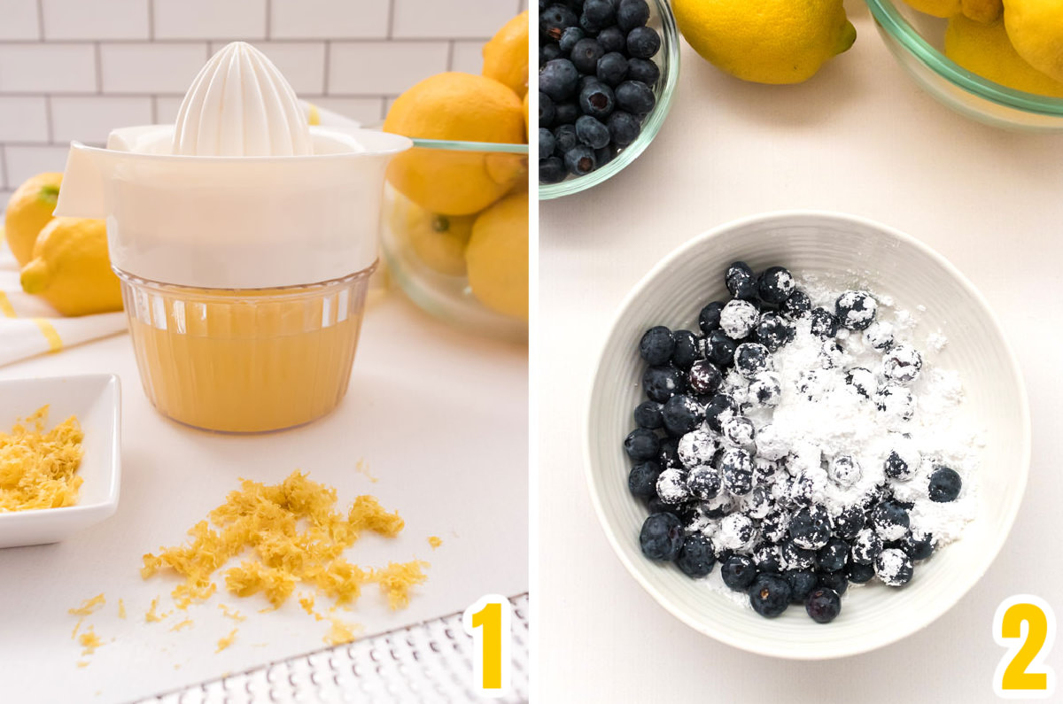 Collage image showing how to juice and zest the lemons and how to cover the blueberries in powdered sugar.