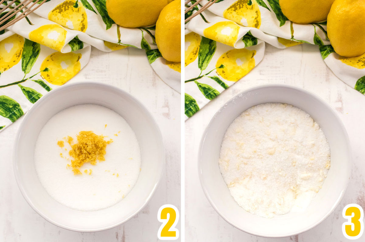 Collage image showing how to add the lemon zest to the sugar to create a lemon sugar.