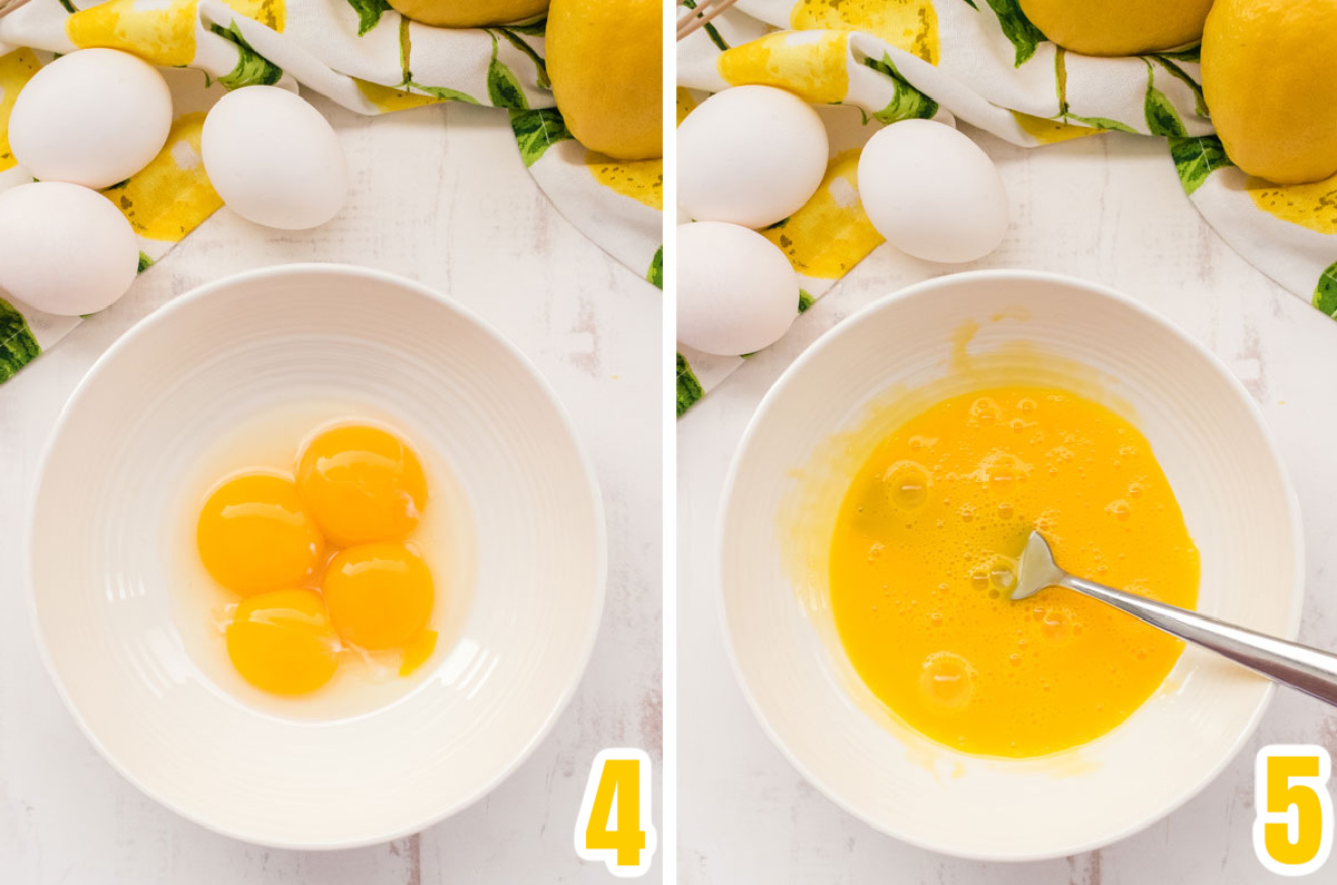 Collage image showing how to separate the eggs to use the egg yolks for the Lemon Curd mixture.