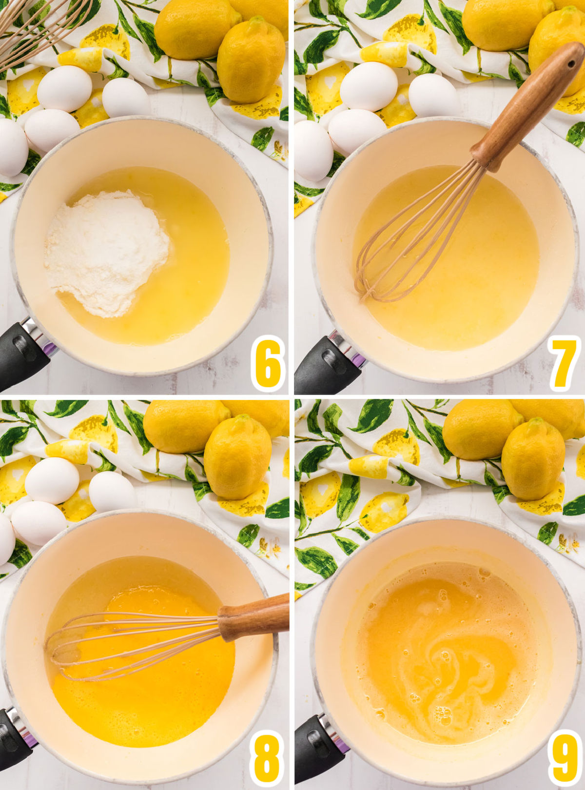 Collage image showing how to mix the lemon juice, sugar and eggs to create the lemon curd mixture.