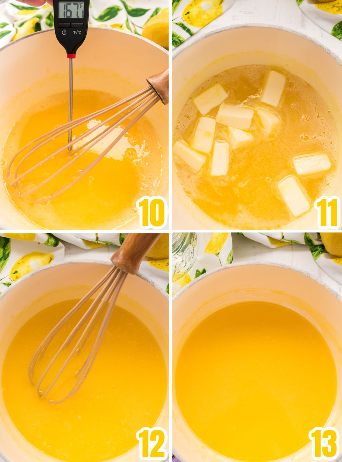 Collage image showing the steps for cooking lemon curd in a sauce pan on a stove.