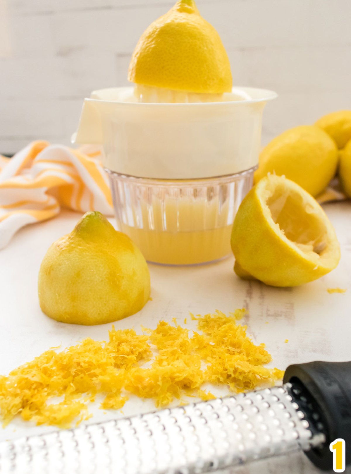 Collage image showing how to zest and juice two lemons for the pound cake recipe.