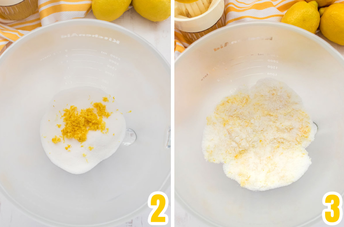 Collage image showing how to make the lemon sugar for the pound cake recipe.