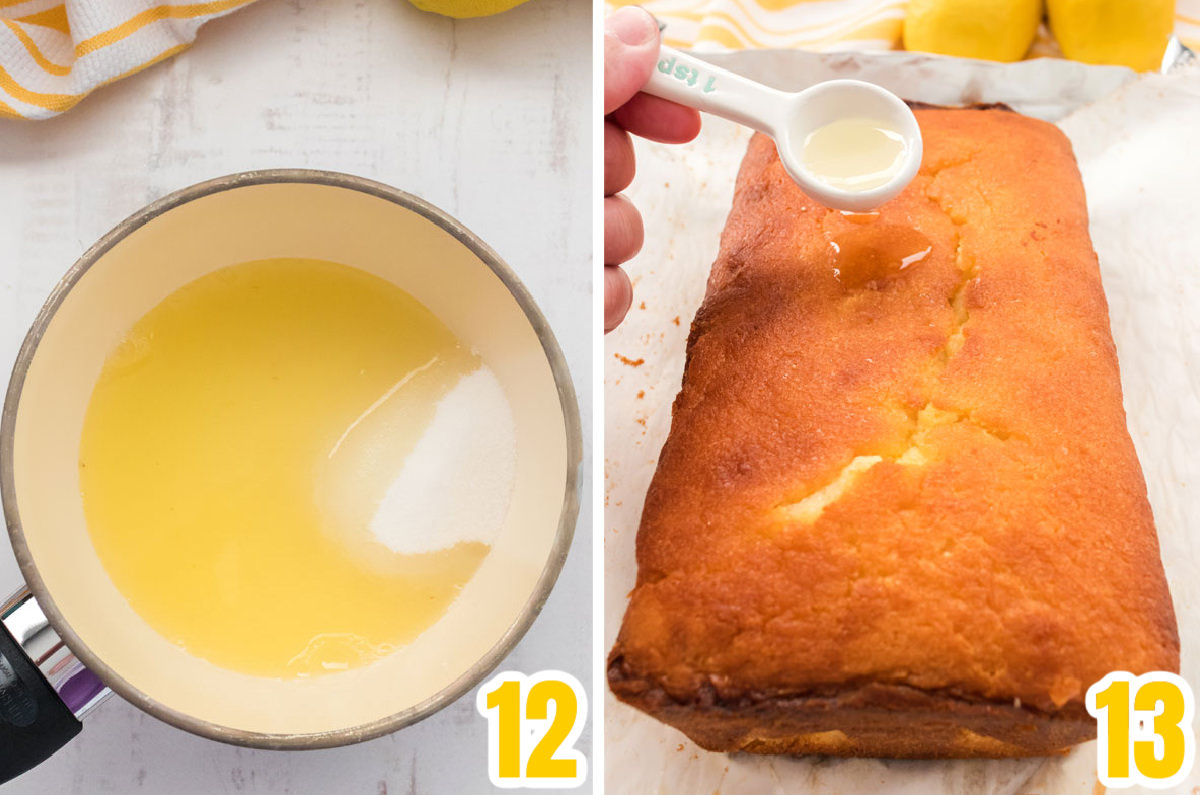 Collage image showing how to make a Lemon Syrup and drizzle it onto the cooling Lemon Pound Cake.