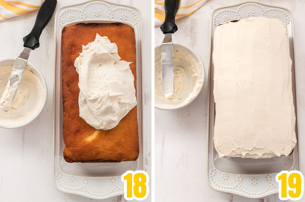 Collage image showing how to frost the Lemon Pound Cake with the vanilla icing.