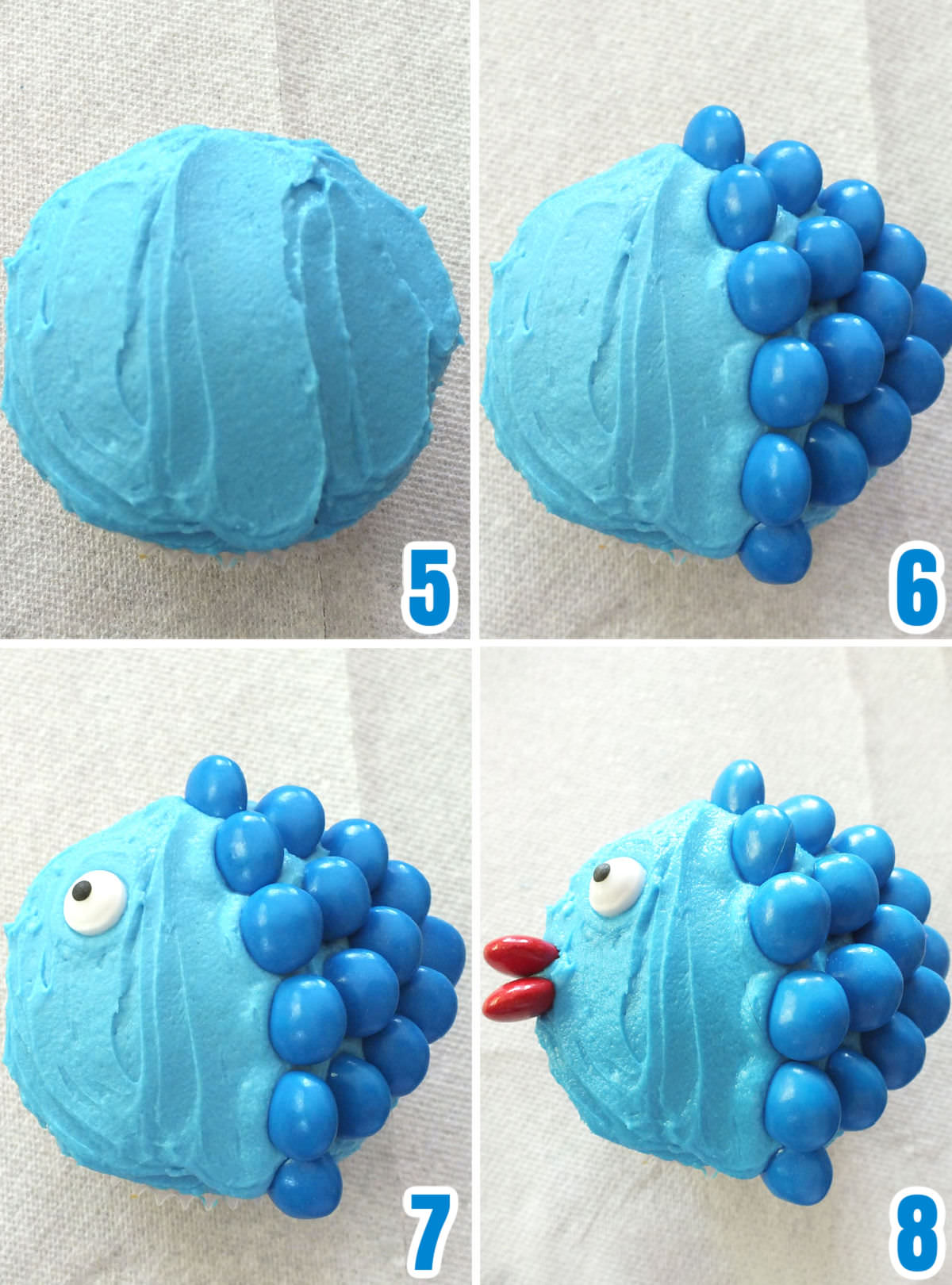 Collage image showing how to turn a cupcake into a fish using M&M's.