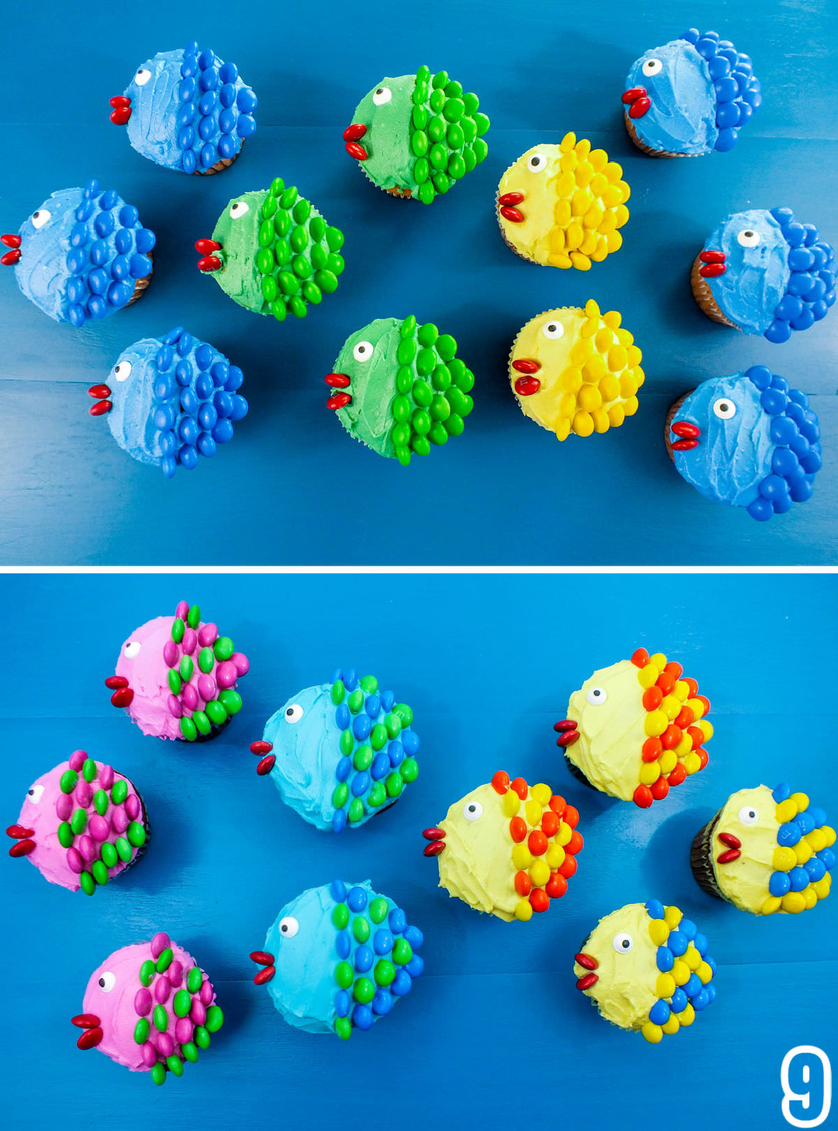 Overhead shot of a twenty Little Fishy Cupcakes in a variety of colors sitting on a blue surface.