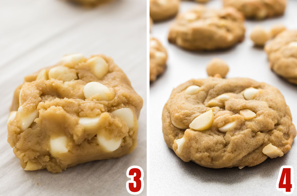 Collage image showing the White Chocolate Macadamia Nut Cookies before they go into the oven and after then come out of the oven.