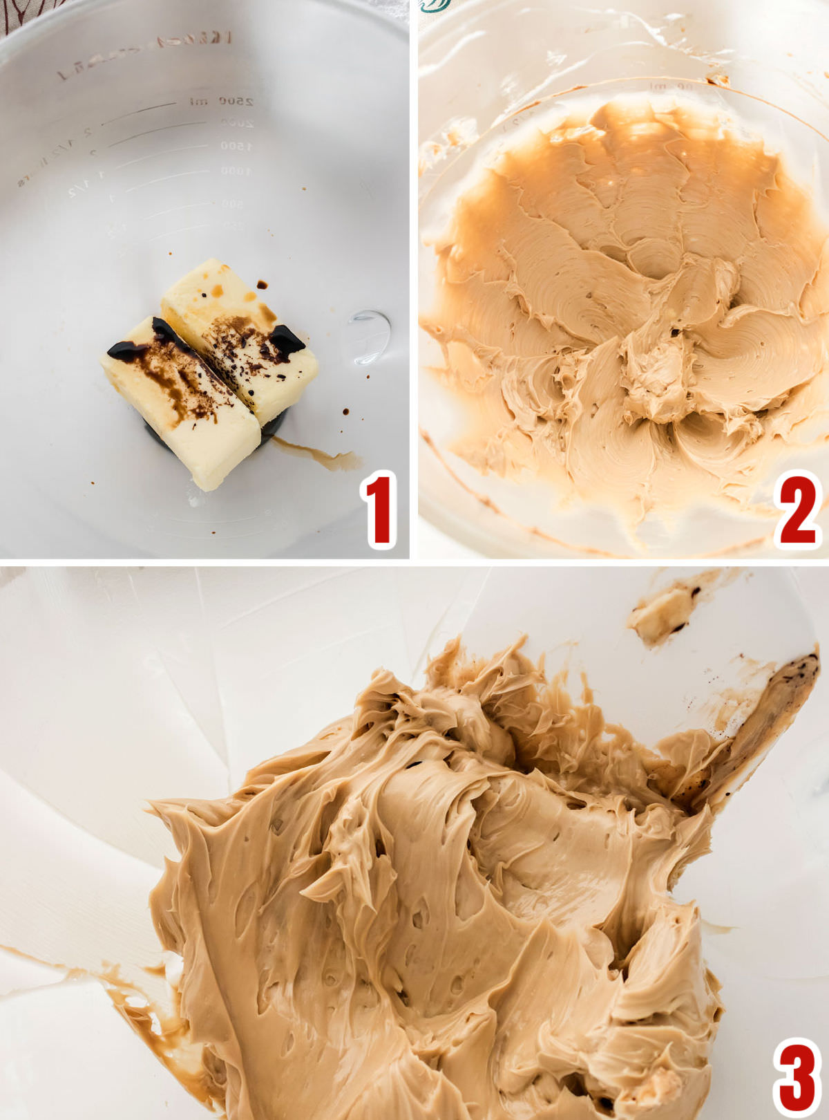 Collage image showing the steps for adding the Maple and Vanilla extracts to the butter for the frosting.