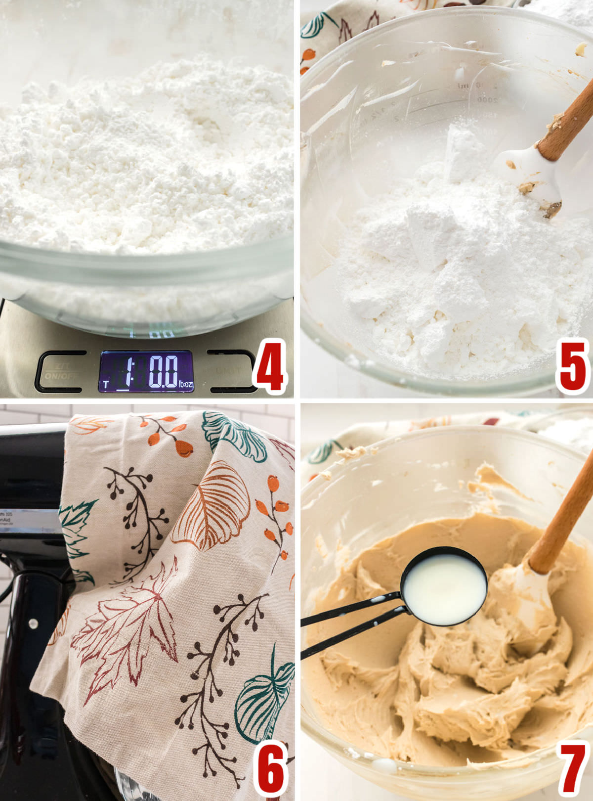 Collage image showing the steps for adding powdered sugar to the Maple Frosting.