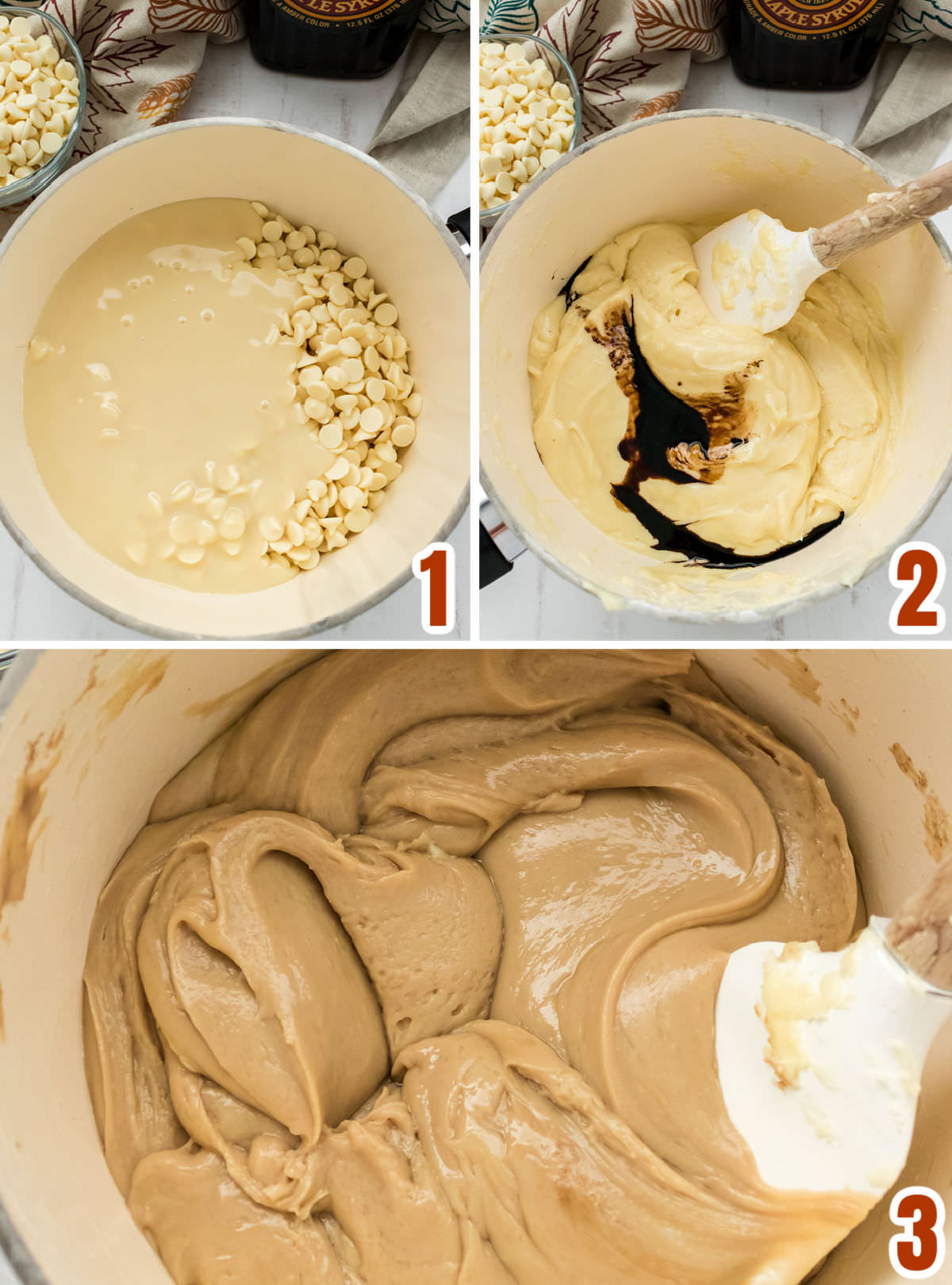 Collage image showing how to make the Maple Fudge Mixture.