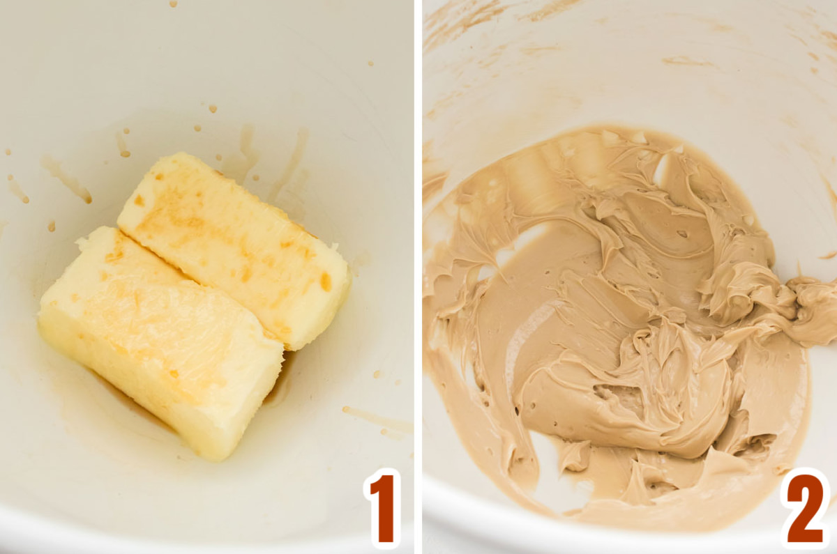 Collage image showing the steps for adding the vanilla and the maple flavoring to the butter to make the frosting.
