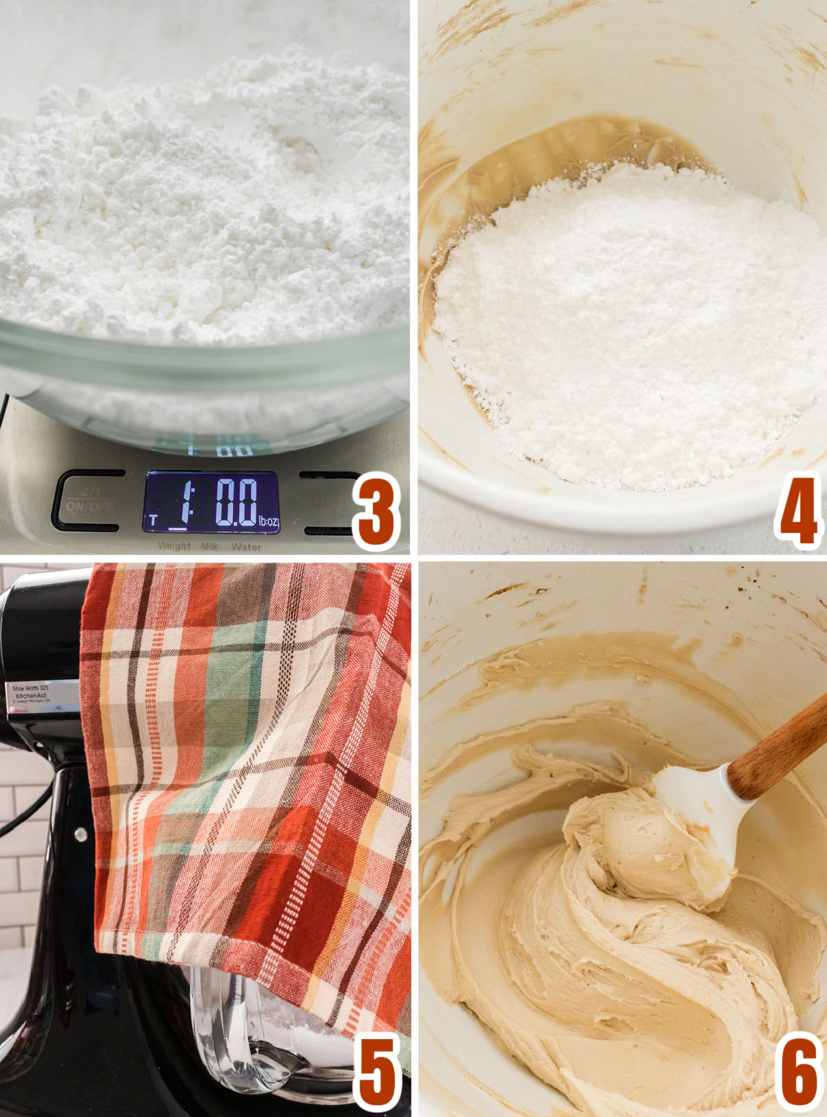 Collage image showing the steps for adding the powdered sugar to the maple frosting.