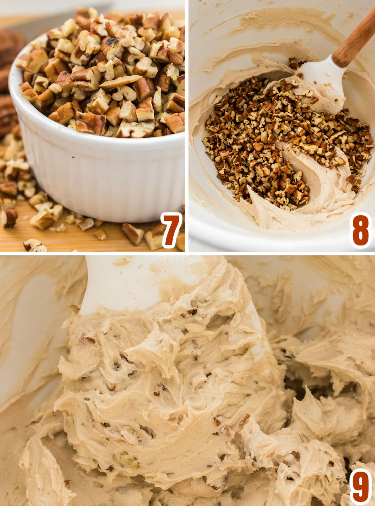 Collage images showing the steps for chopping pecans and adding them to the maple frosting.