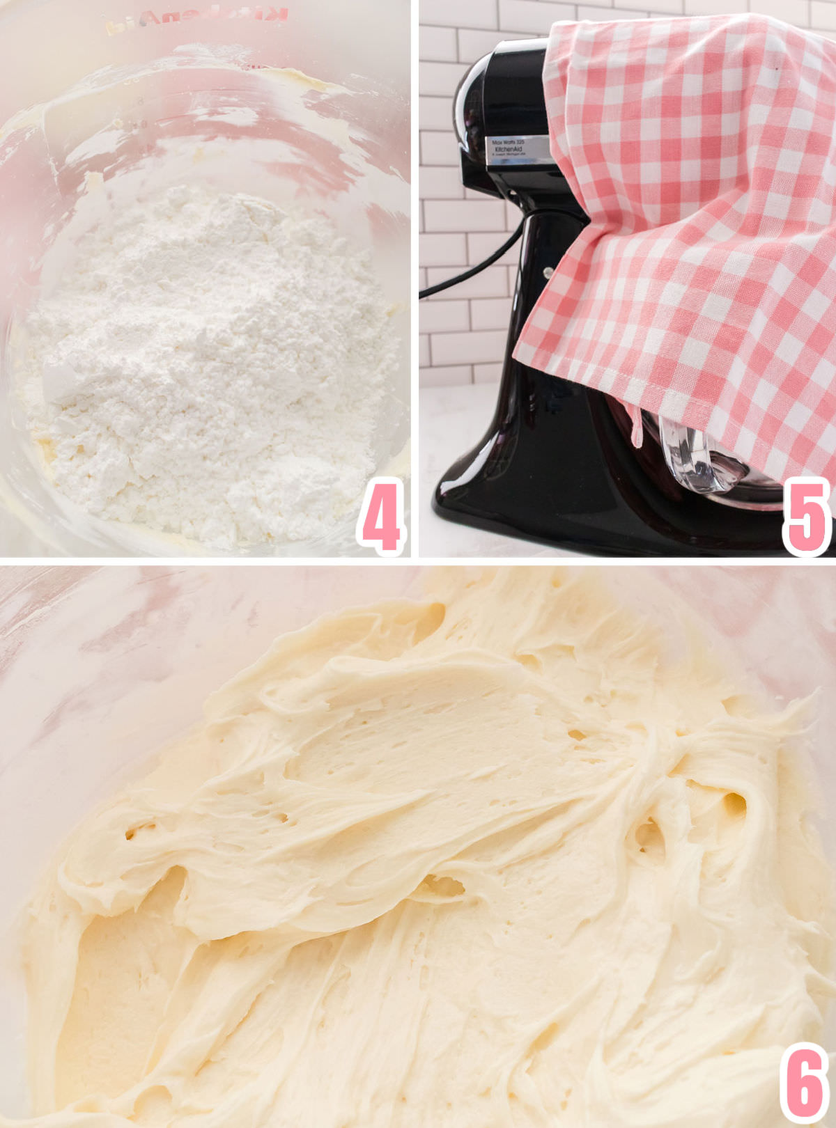 Collage image showing how to mix the powdered sugar with the butter and marshmallow creame.
