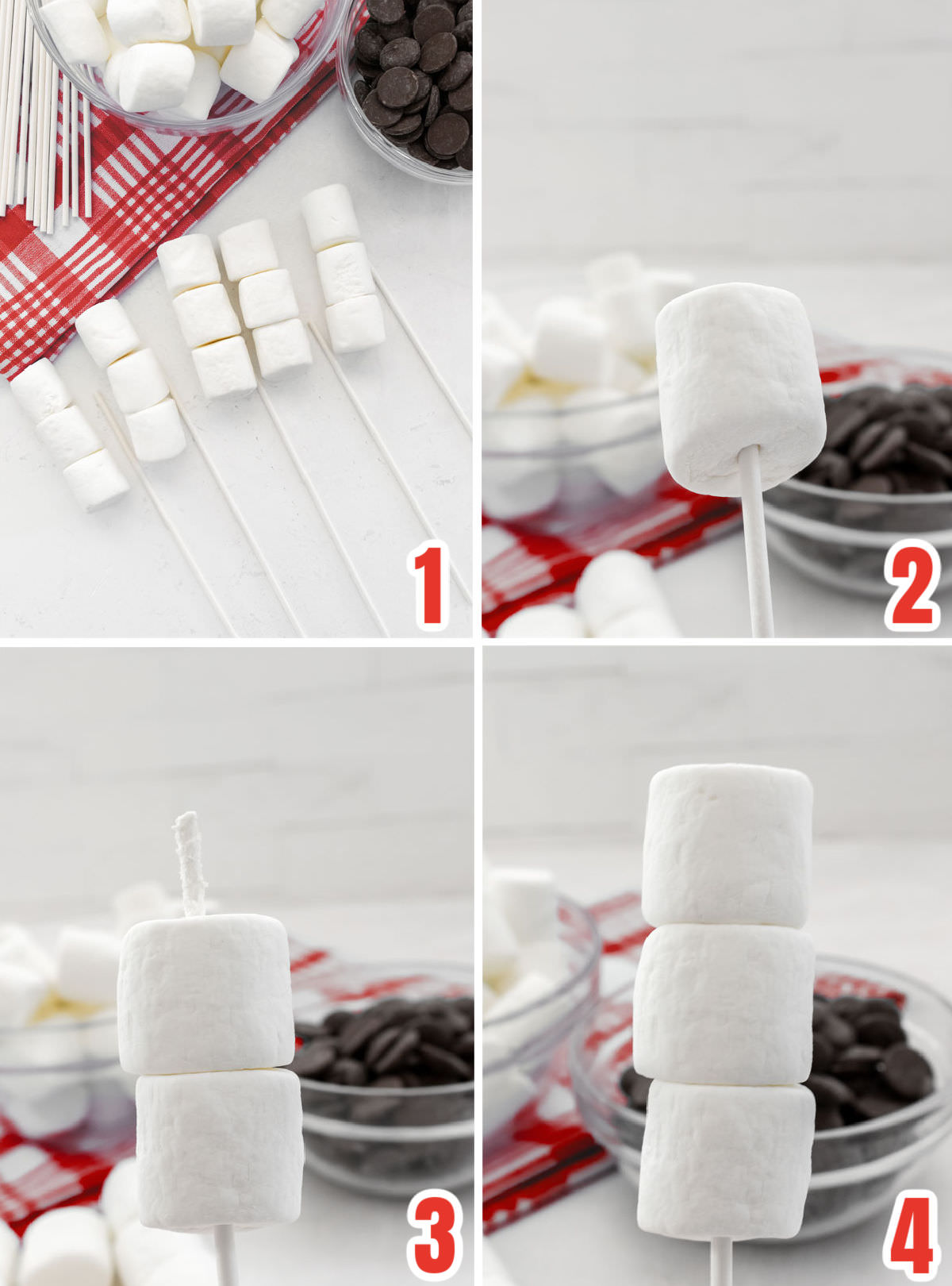 Collage image showing the steps required to create a marshmallow pop using marshmallows and a lollipop stick.