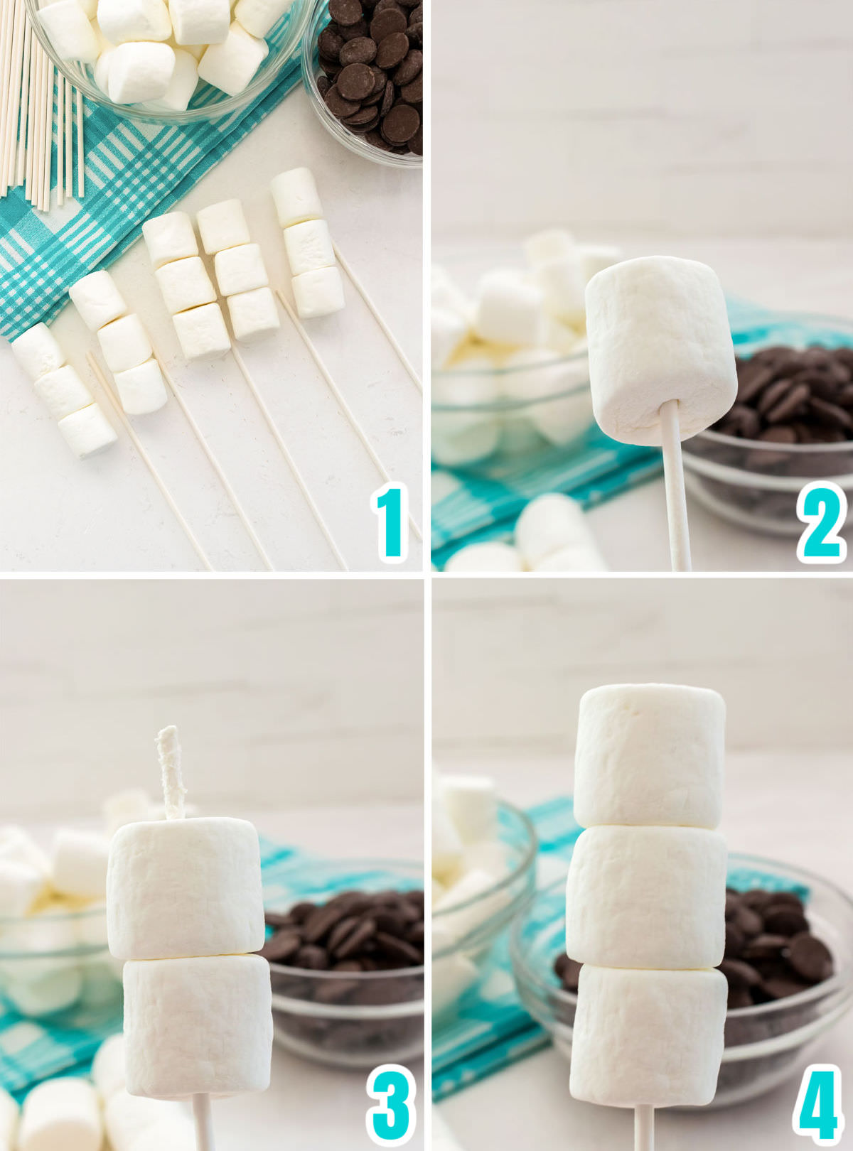 Collage image showing how to place the marshmallows on the lollipop stick.