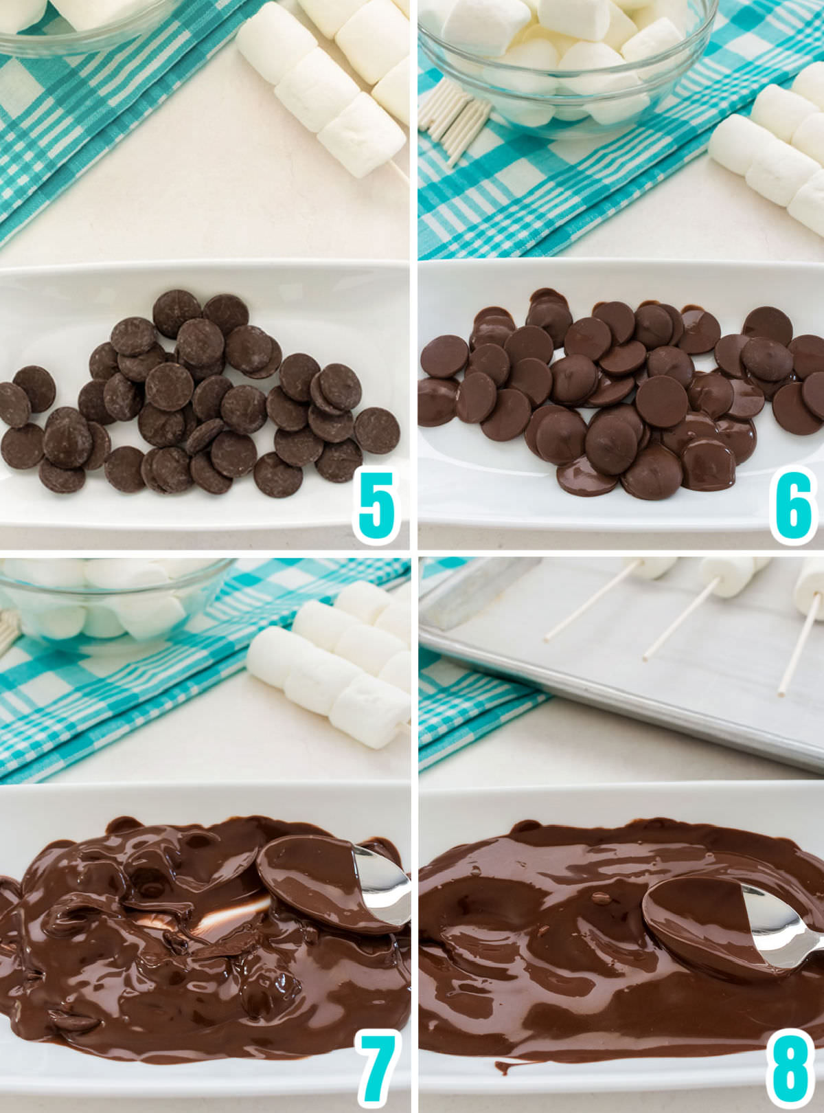 Collage image showing the steps for melting the chocolate to get ready to cover the marshmallows.