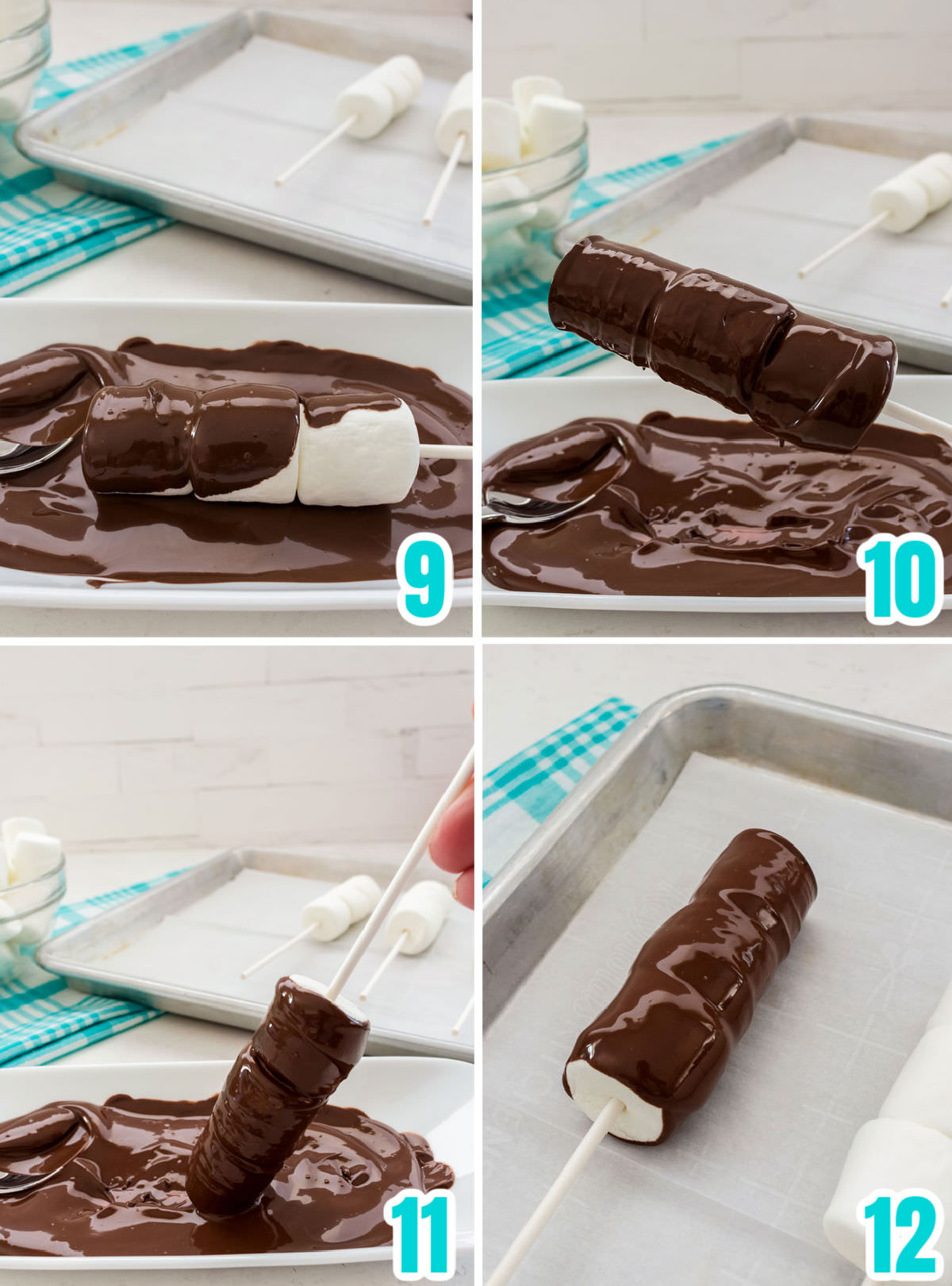 Collage image showing the steps for covering the marshmallows with chocolate.