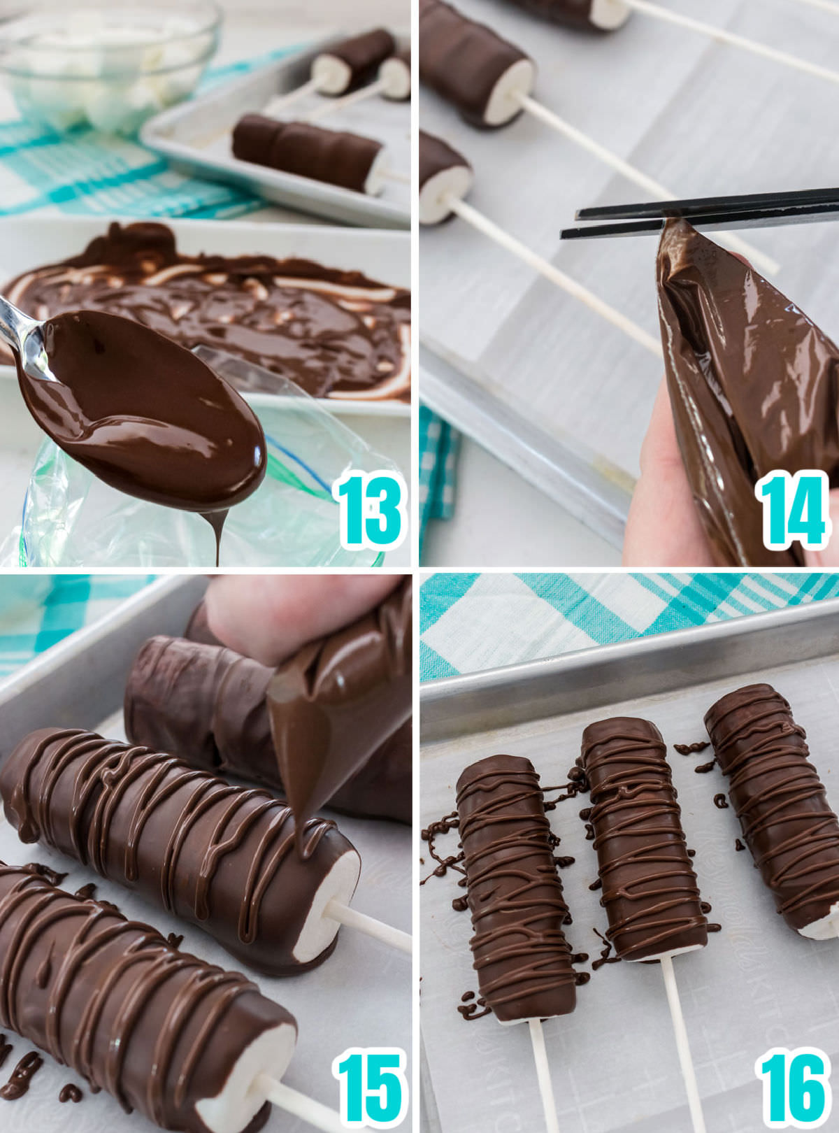 Collage image showing the steps for decorating the marshmallow pops with a drizzle of chocolate.