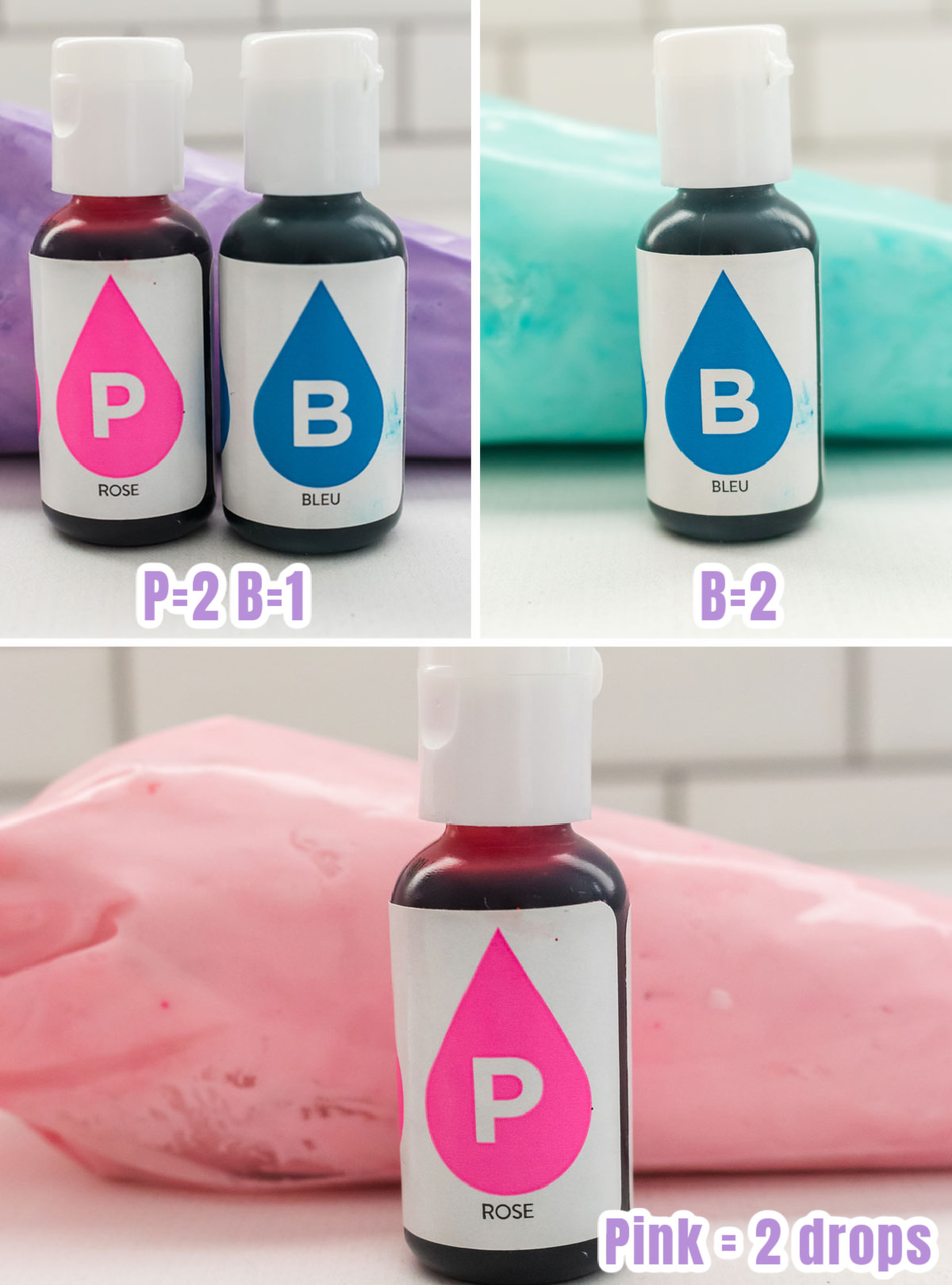 Collage image showing how to make purple, blue and pink buttercream frosting.