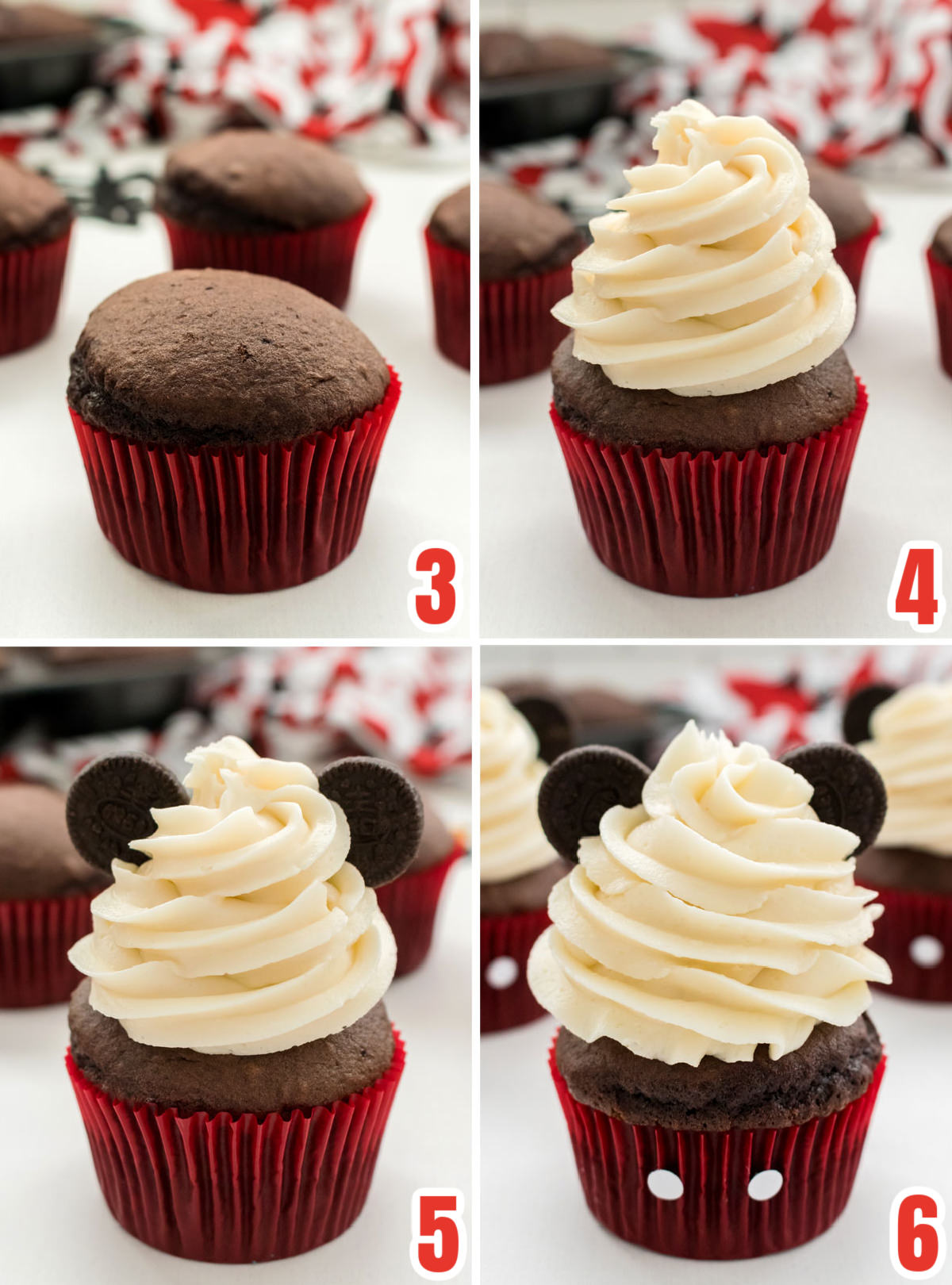 Collage image showing the steps for decorating the Mickey Mouse Cupcakes.