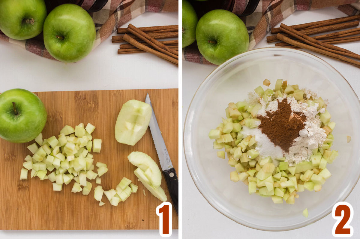 Collage image showing how to prepare the apples for the pie filling.