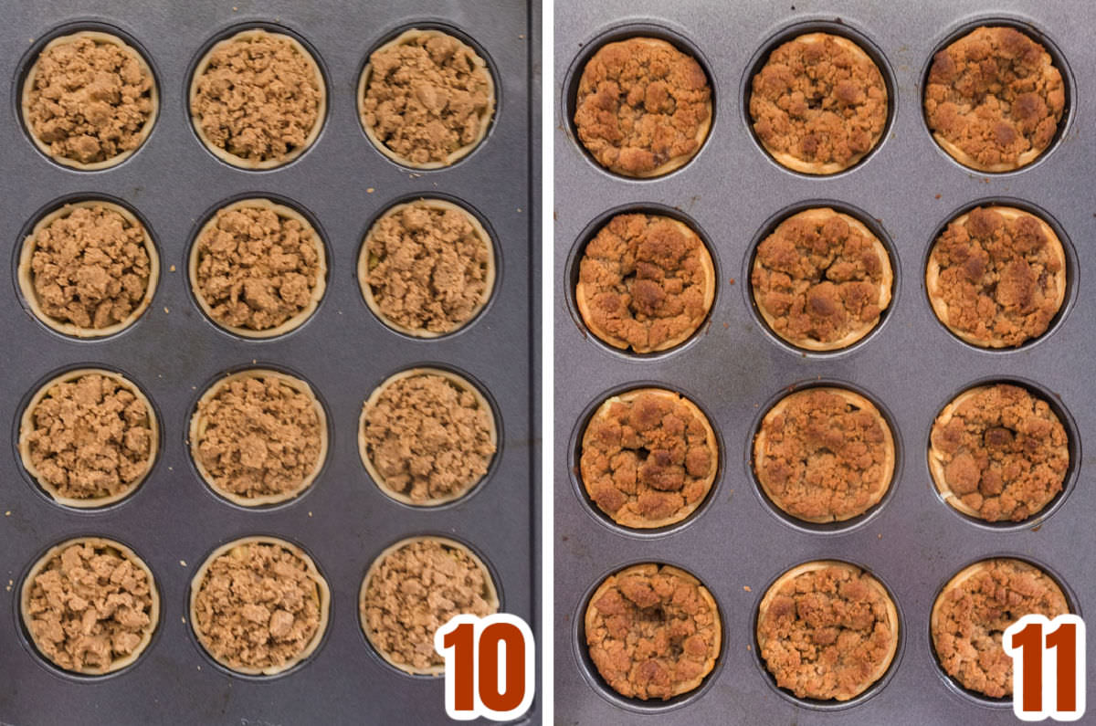Collage image showing what the Mini Apple Pies look like before going in the oven and after they come out of the oven.