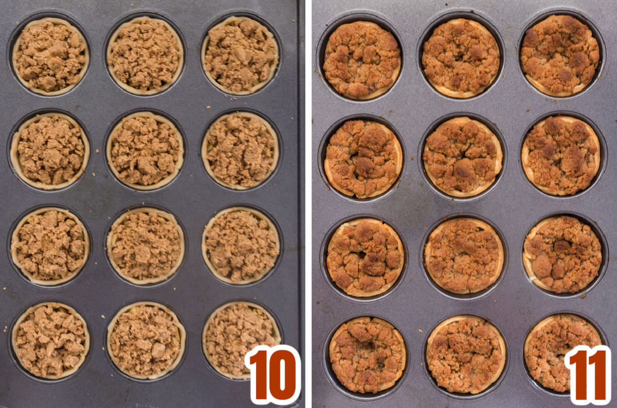 Collage image showing what the Mini Apple Pies look like before going in the oven and after they come out of the oven.